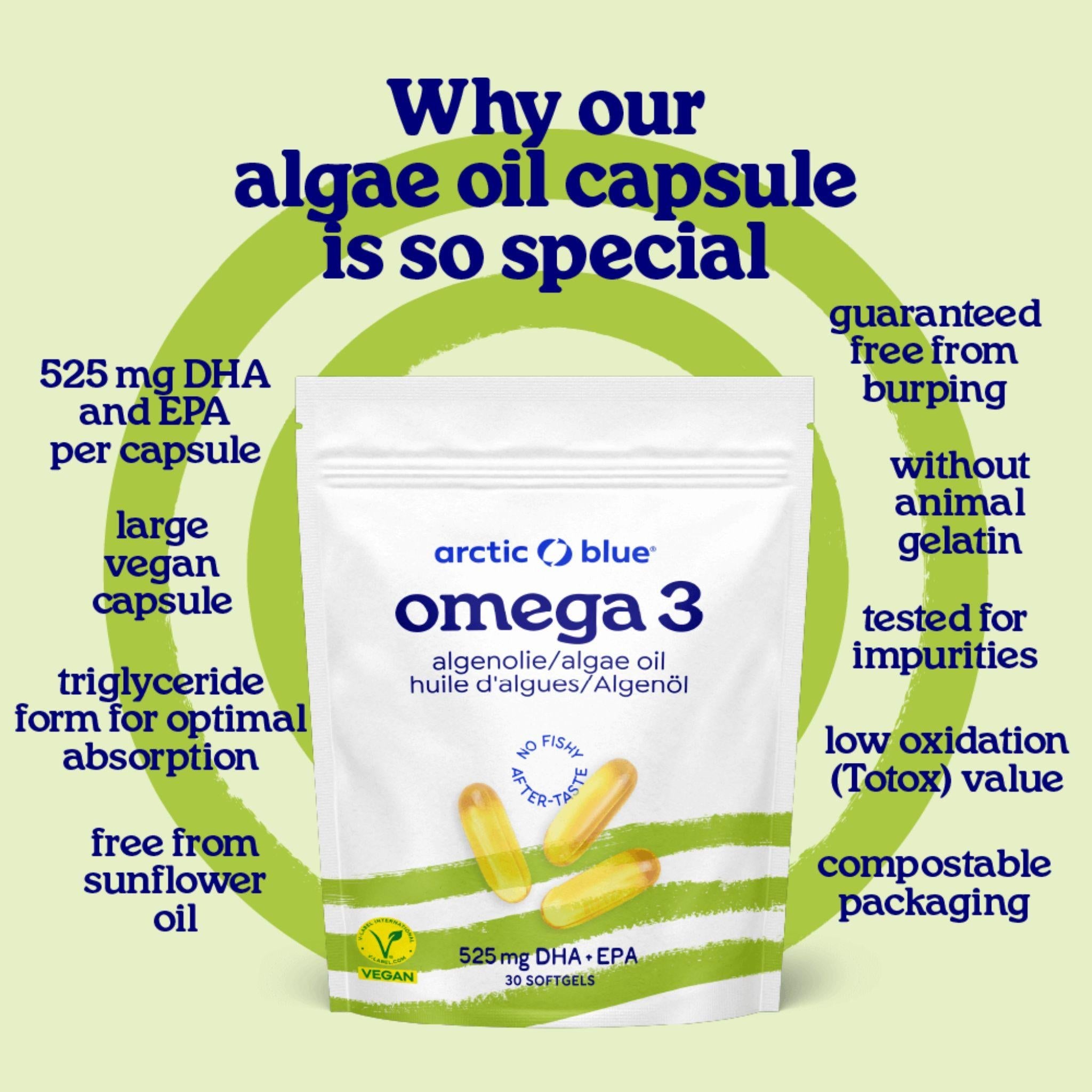 Omega 3 Algenöl Vegan DHA & EPA - 30 Kapseln - Arctic Blue - Alaska - Seelachs - Algenöl - Cod liver oil - montcalia.ch